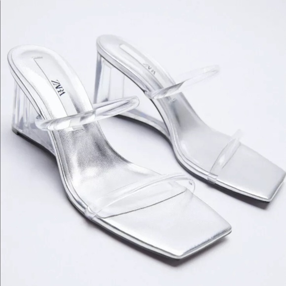 Zara Metallic Silver, Clear Double Strap Wedge Sandals - Picture 2 of 9
